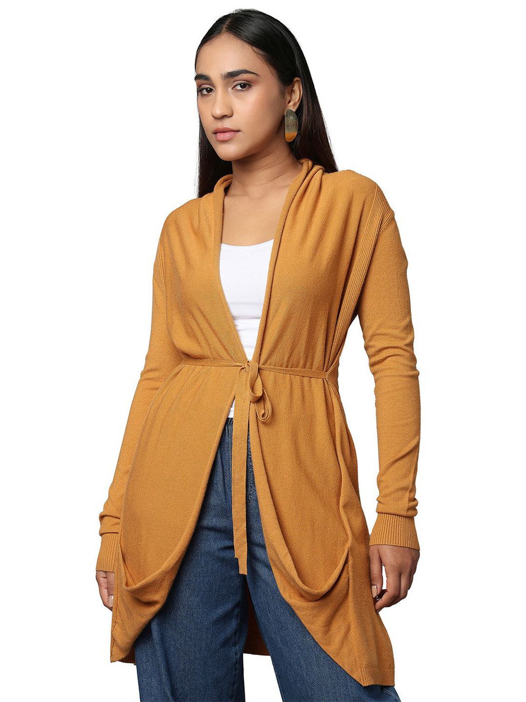 Tamiska By Narendra Kumar Women Belted Shawl Collar Long Sleeves Wool Front-Open Sweaters