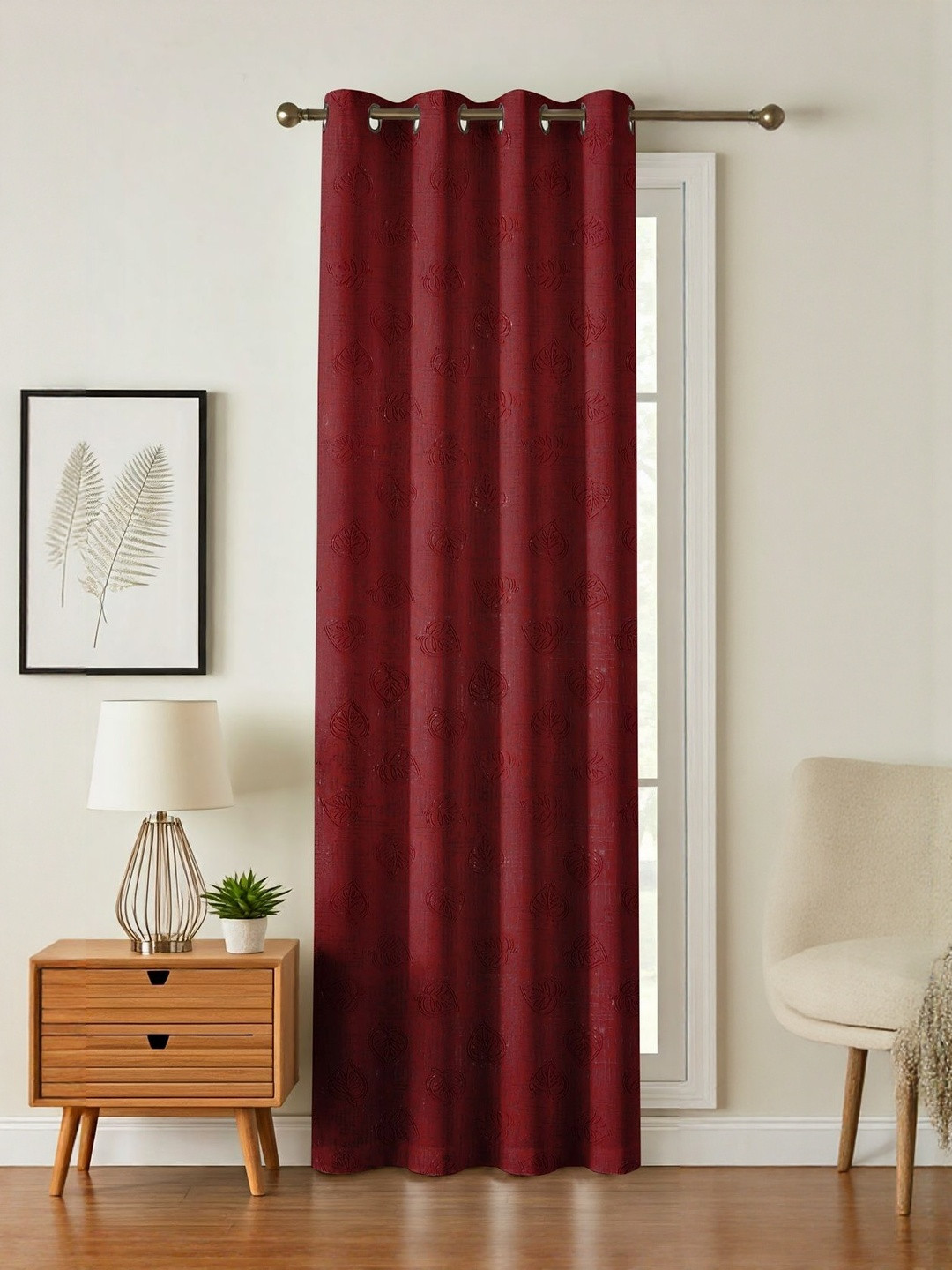 GEET CREATIONS Maroon Floral Textured Room Darkening Fade Resistant Long Door Curtain