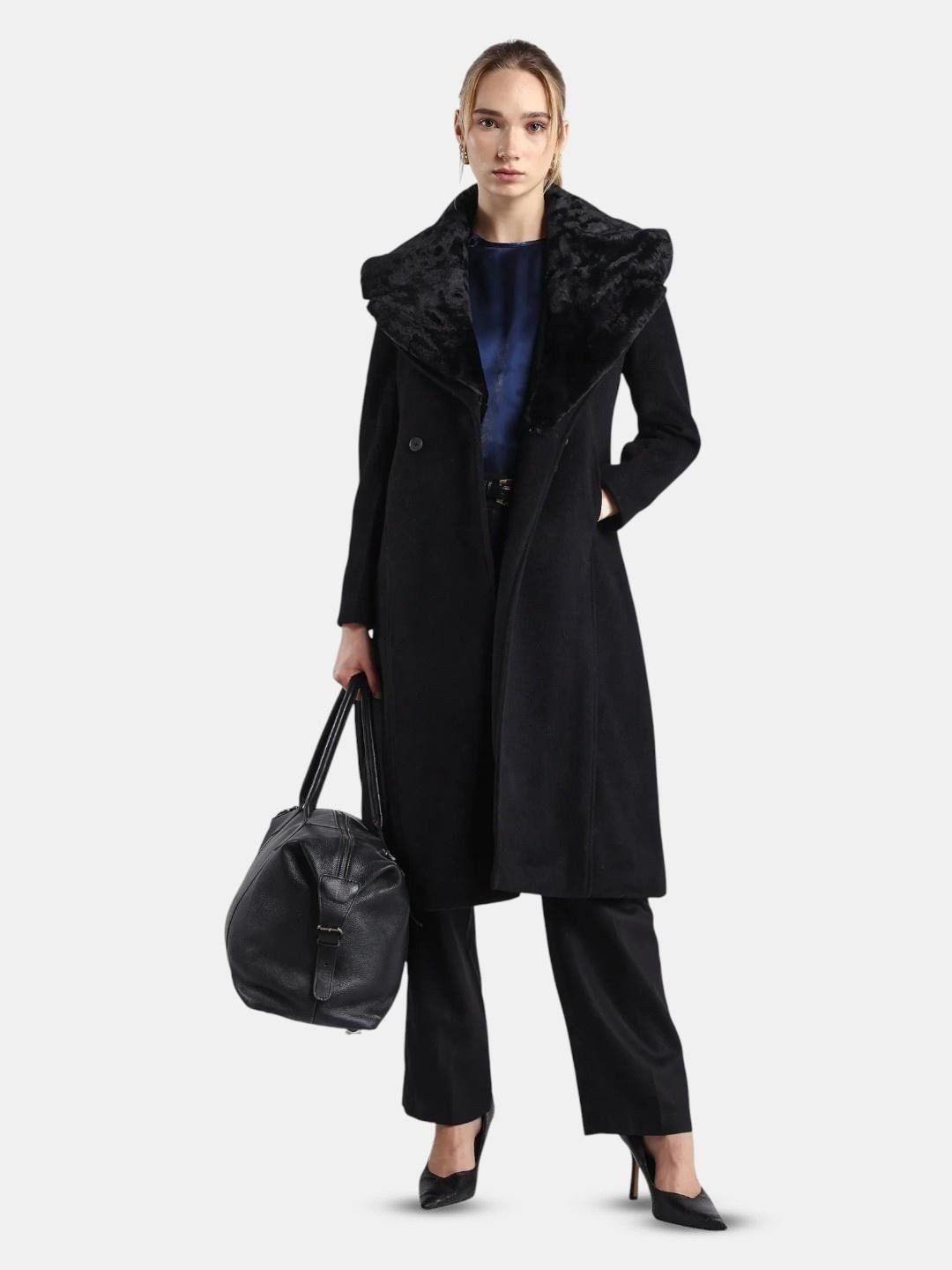 RAREISM Teich-25 Women Black Polyester Regular Fit Coat