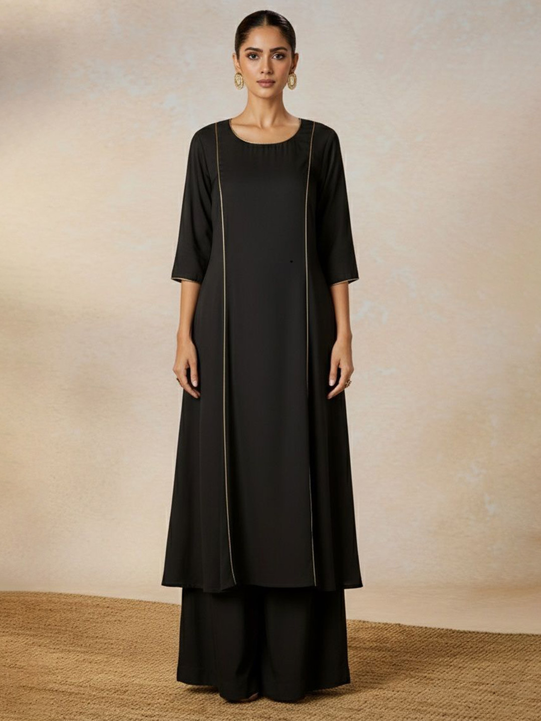 TANNAH The Gold Piped Black Women Striped Gathered Round Neck Satin Anarkali Kurta