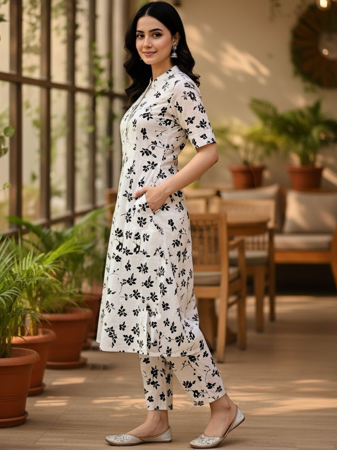 Gopi Prem Women Floral Printed Cotton A-Line Kurta with Trousers