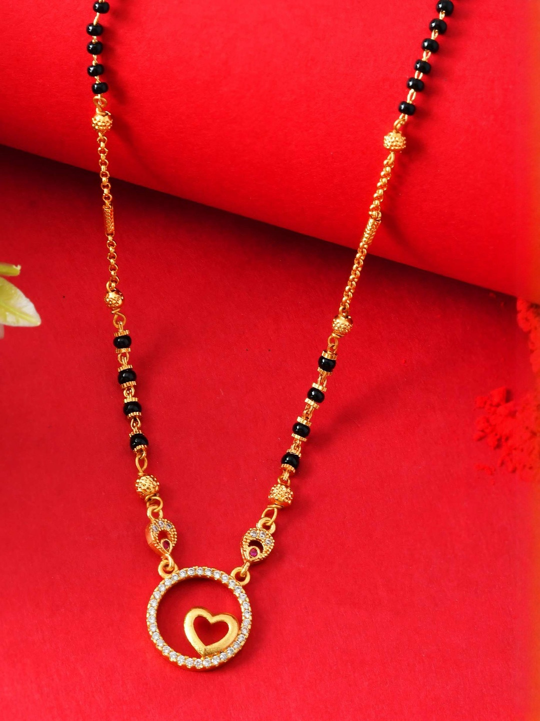 Jewels Nest Stainless Steel Gold-Plated Stones Studded & Beaded Love Symbol Mangalsutra