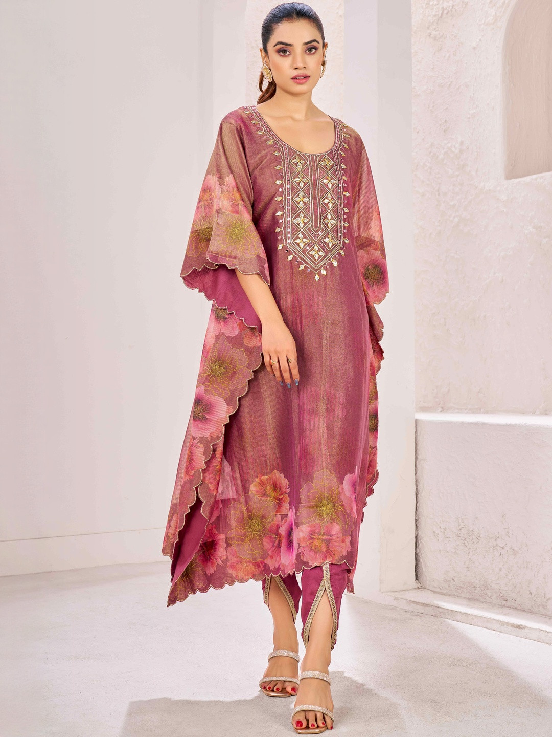 IOLY Floral Printed Mirror Work Tissue Kaftan With Dhoti Pants