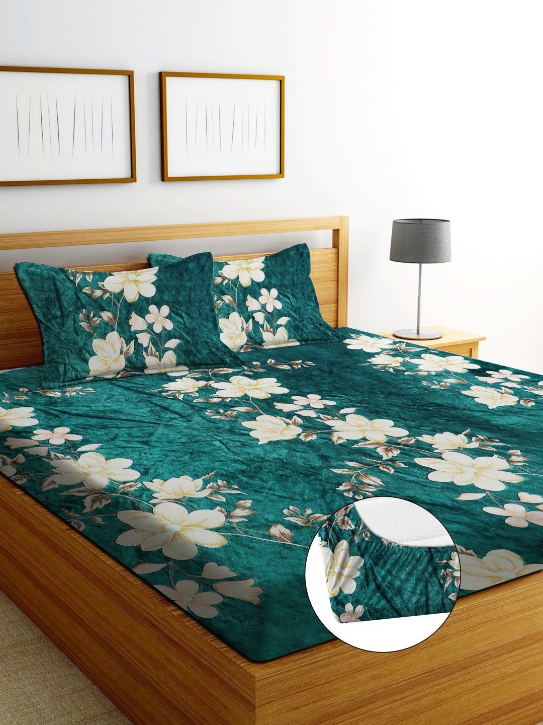 SHOMES Green Cotton 220 TC Fitted King Bedsheets With 2 Pillow Covers