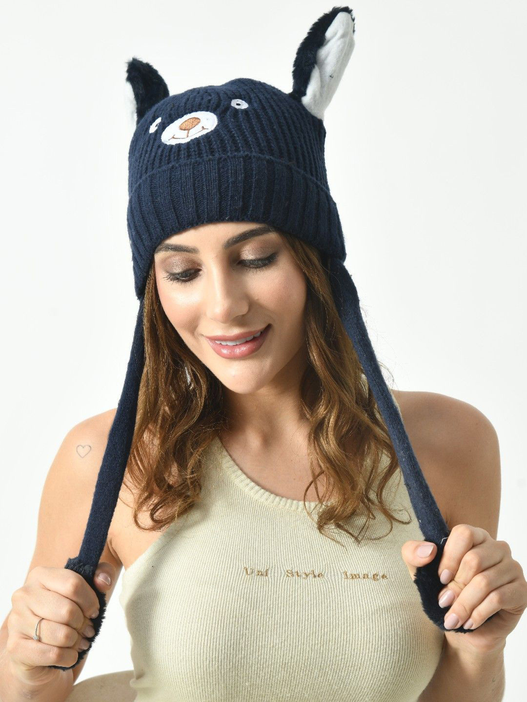 Poftik Women Self Design Woollen Moving Ear Beanie