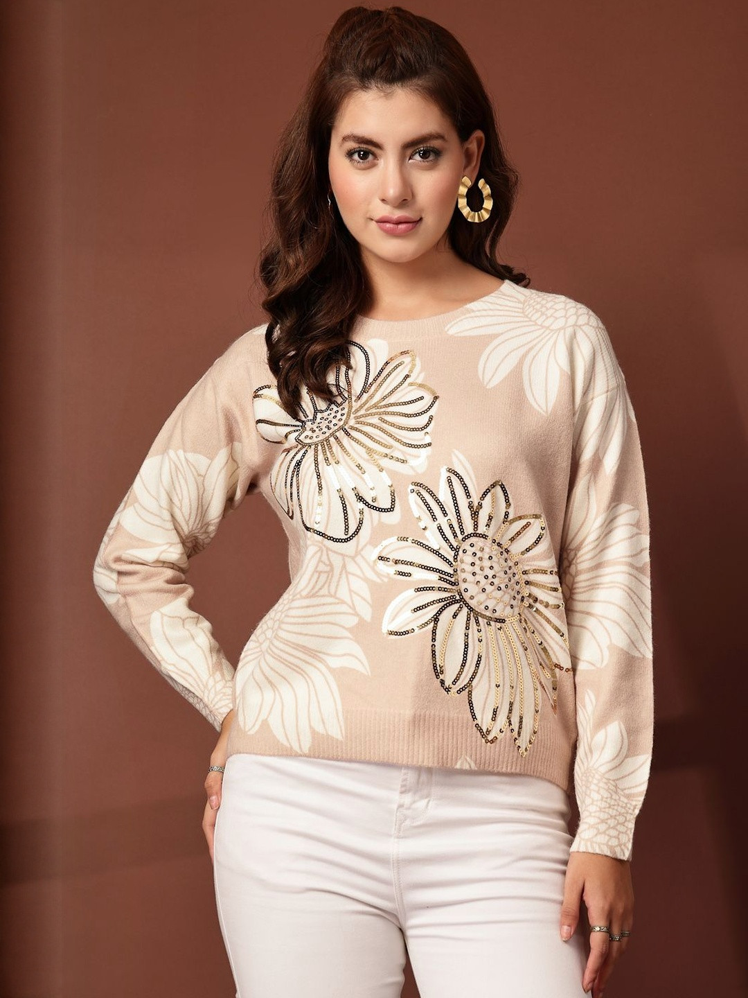 Mafadeny Women Floral Printed Top with Sequin Details