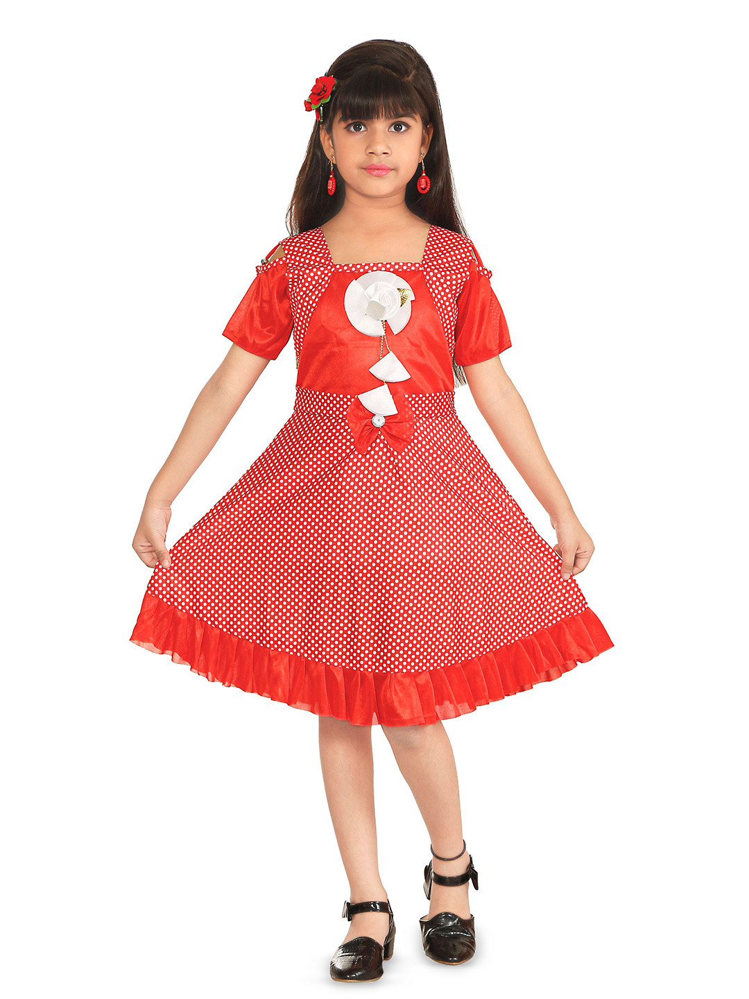 Nickys Disegno Girls Polka Dot Ruffles & Bow Details Fit & Flare Dress