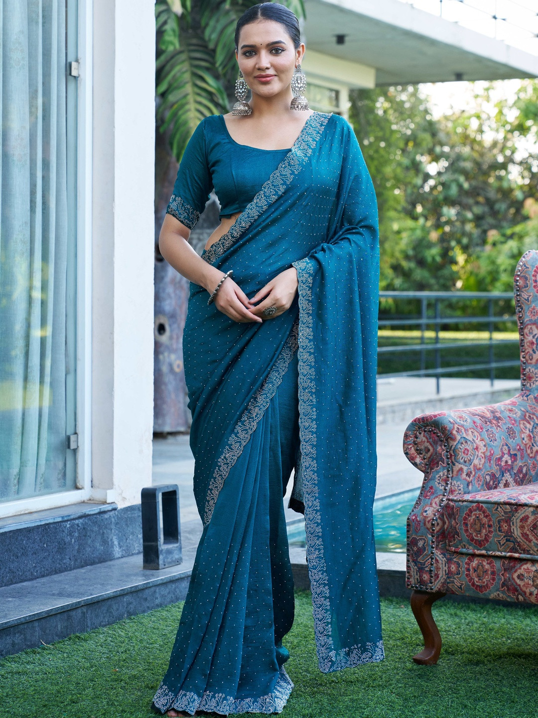 GHAN SALS Embellished Beads & Stone Saree with Blouse Piece