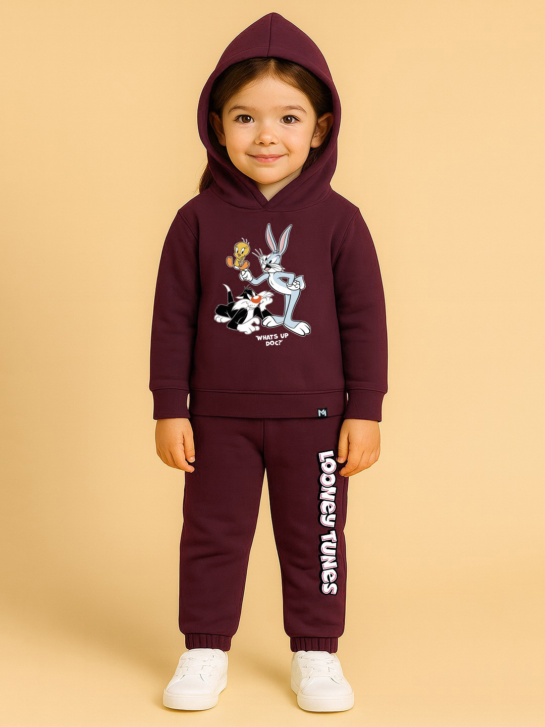 YK X Minute Mirth Girls Looney Tunes Printed Fleece Sweatshirt with Joggers