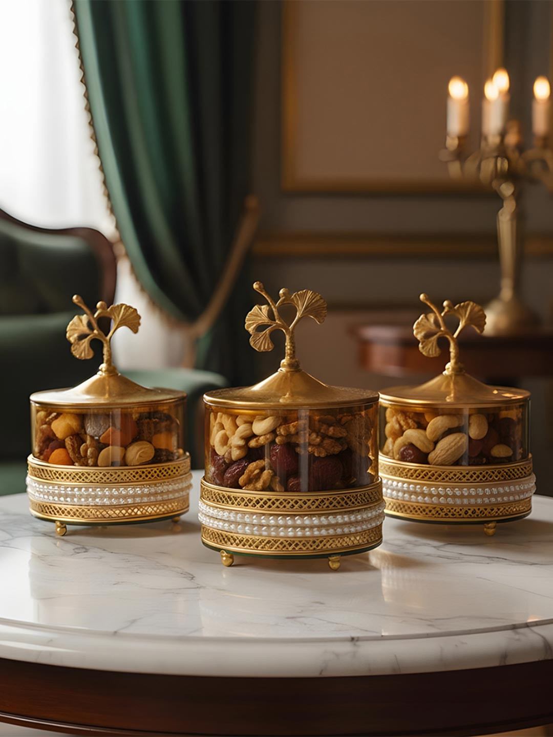 AARVI DECOR STUDIO Set of 3 Glass Ginkgo Elegance Jar Containers