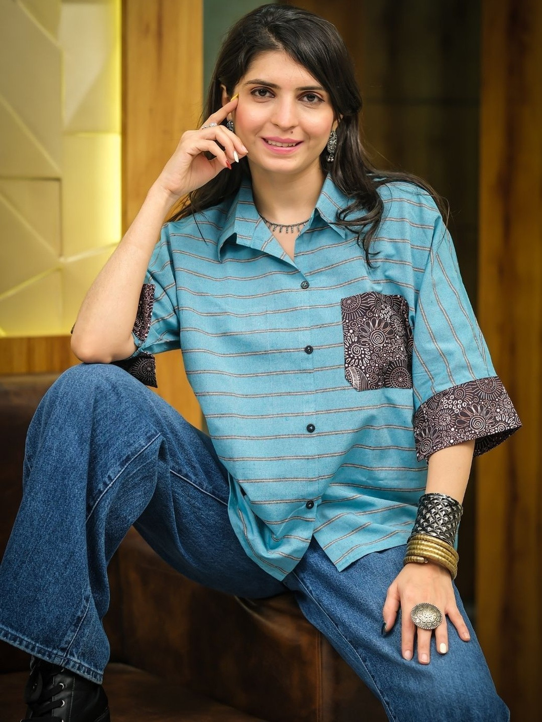 Youthnic Women's Striped Relaxed Fit Boxy Pocket Shirt Style Top