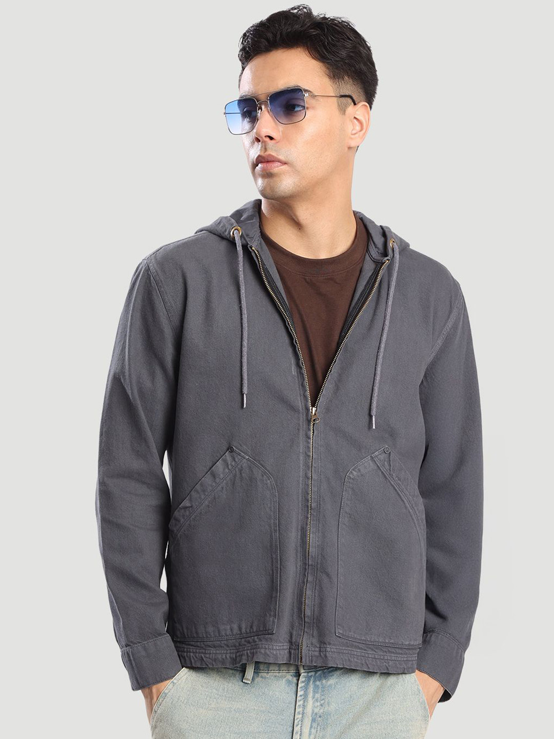 Bene Kleed Men Grey Hooded Relax Fit Solid Pure Cotton Denim Jacket