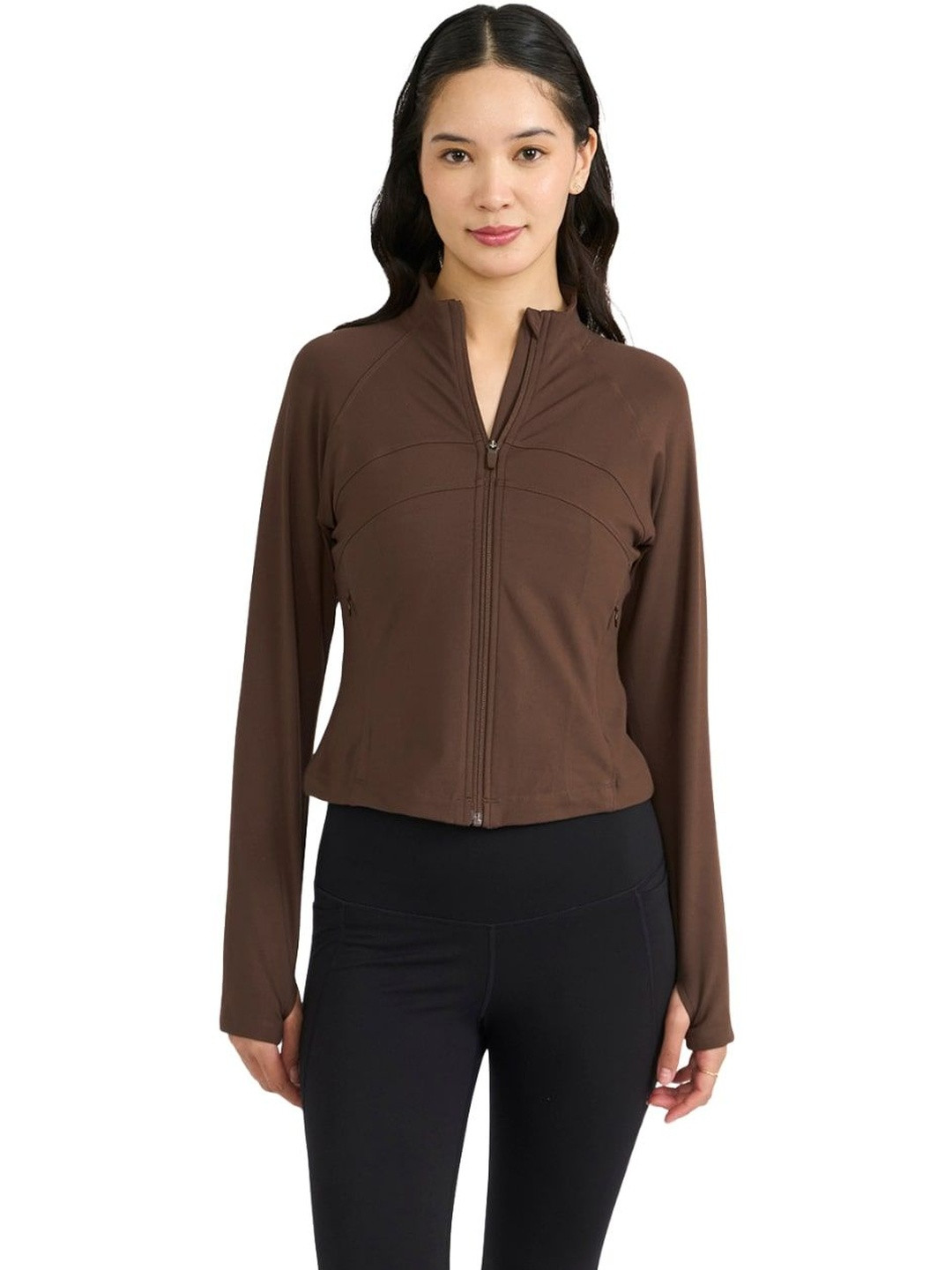 Hunnit Women Raglan Full Sleeves Front Zipper Jacket with 2 Side Pockets for Workout