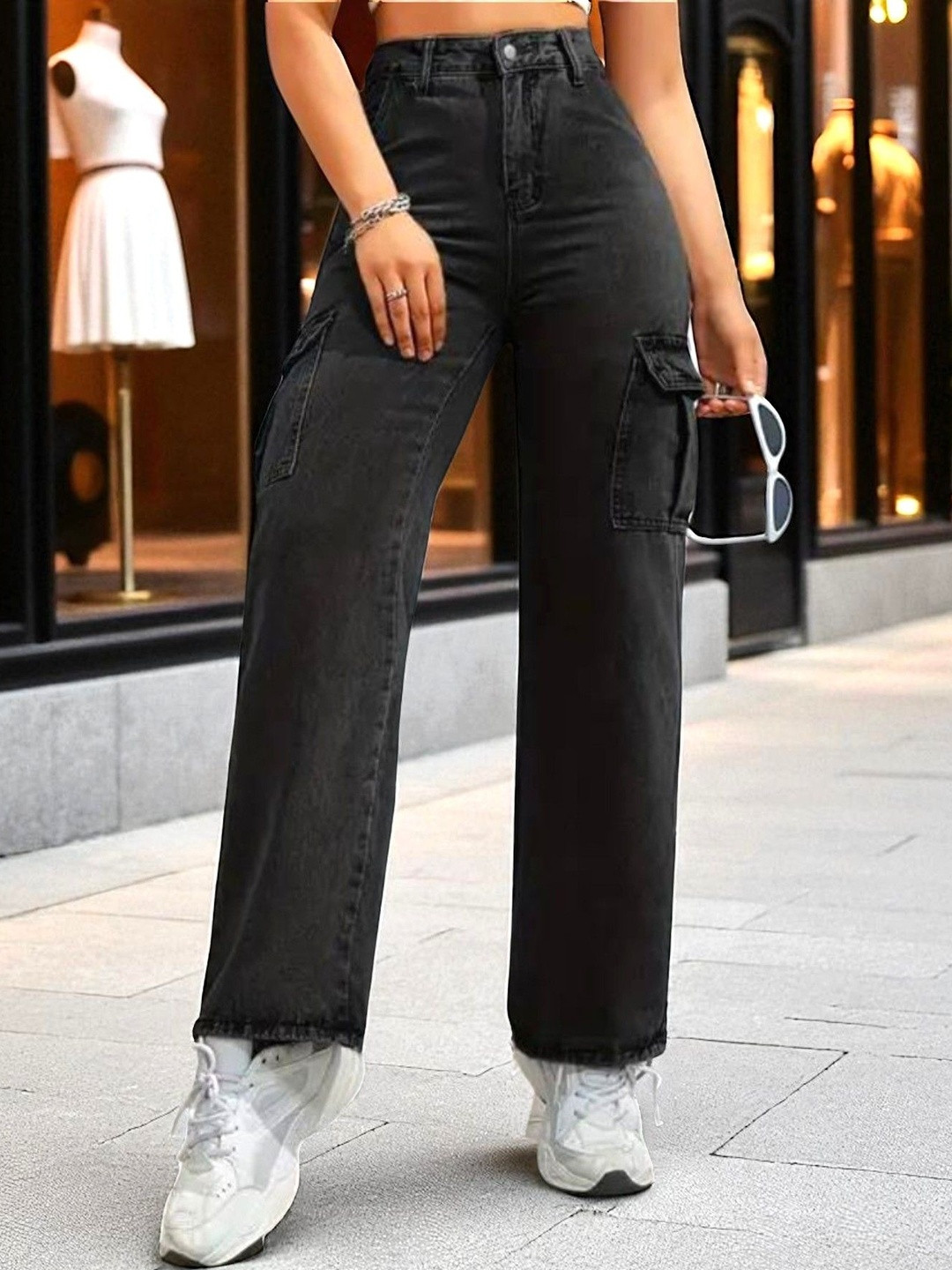 Glossia Women Comfort Regular Fit High-Rise Light Fade Acid Wash Stretchable Cargo Jeans