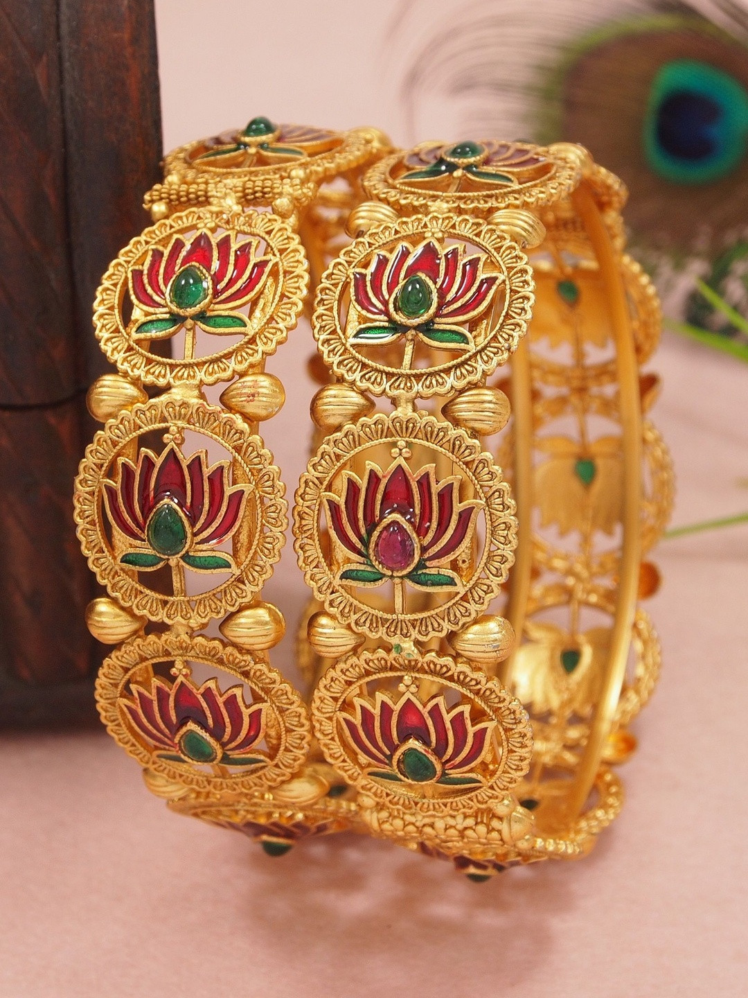 Anouk Women Set of 2 Ethnic Brass Matte Gold-Plated Bangles