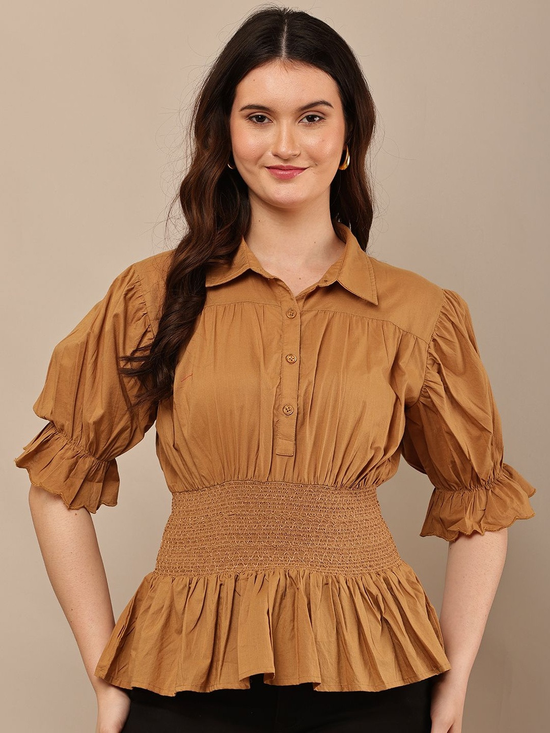 BEGUMPAN Women Shirt Collar Puff Sleeve Cotton Peplum Top