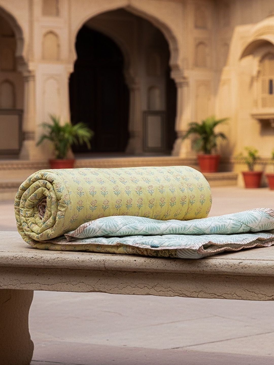 Baarno Yellow & Green Floral Printed Cotton Mild Winter 400 GSM Double King Quilt
