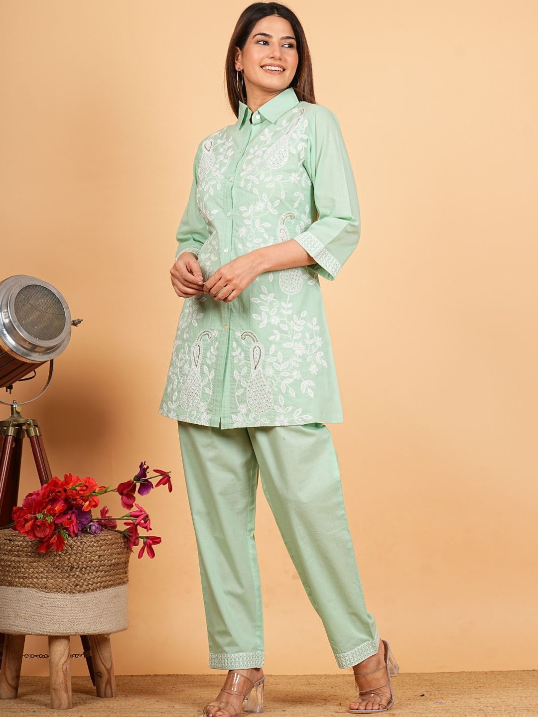 KALINI Green color heavy embroidered sequin work detailed co-ord set