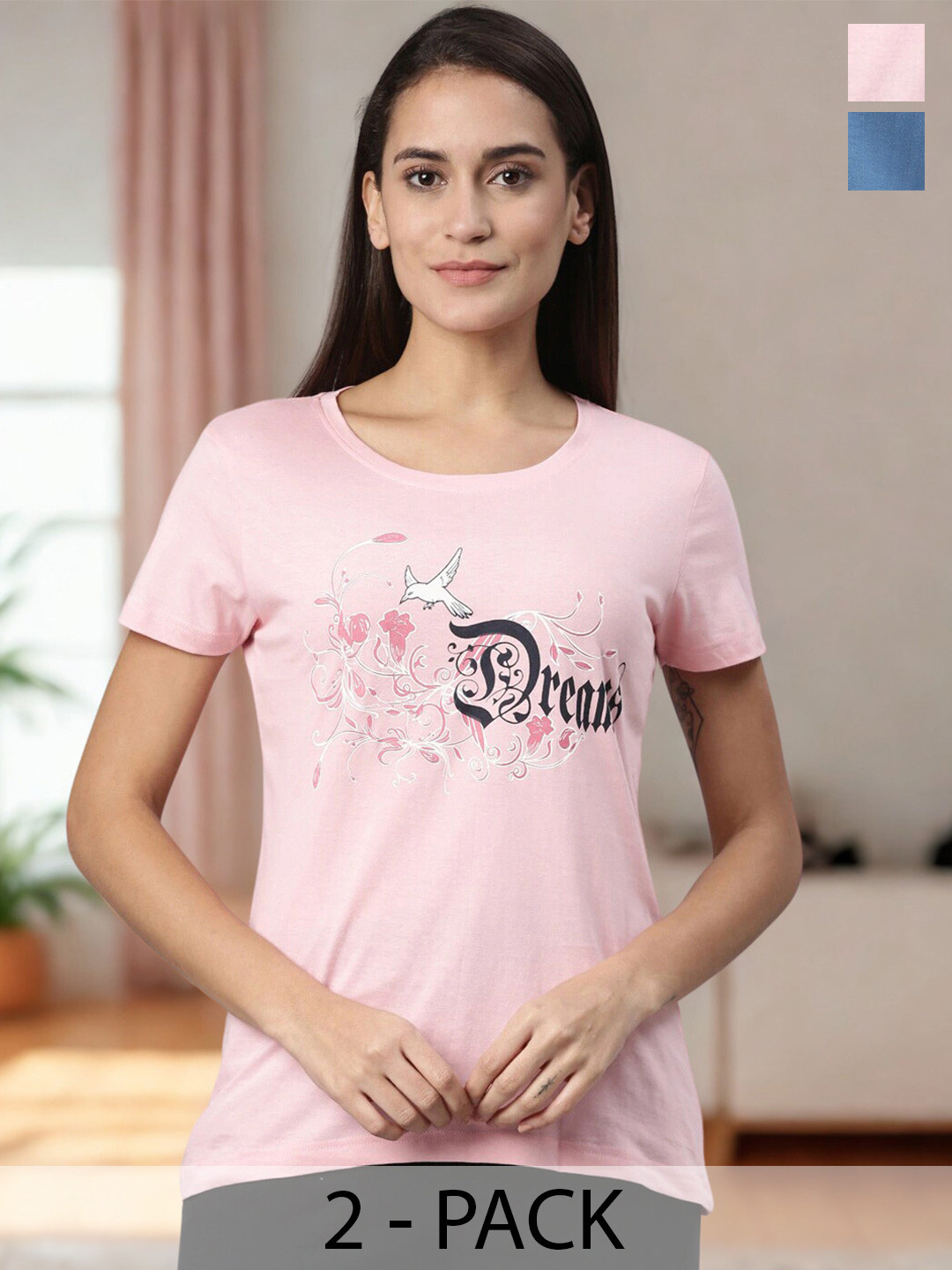 Kryptic Women Pack of 2 Pink and Blue Printed Pure Cotton Lounge Tshirts