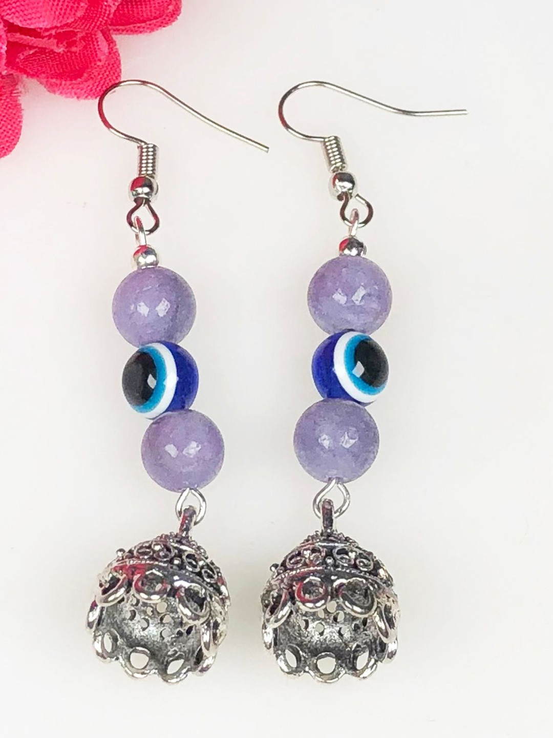 Zhupuk Silver-Plated Crystals Studded Spherical Shaped Evil Eye Drop Earrings