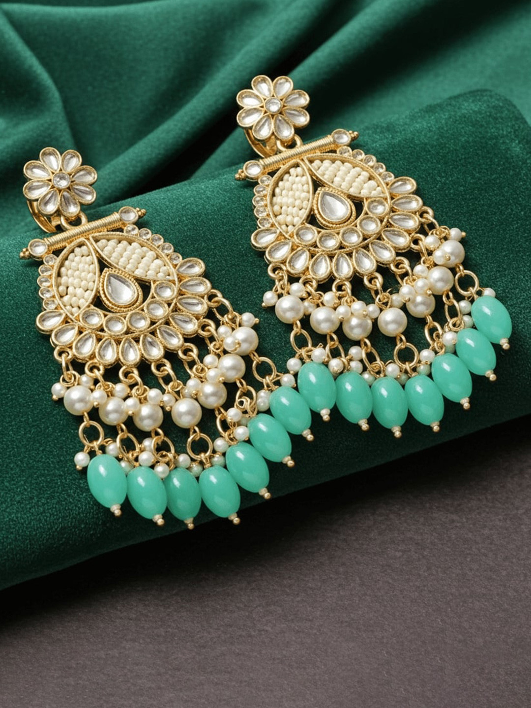 TESSARA Gold Plated Artificial Stones Studded & Beaded Floral Drop Earrings