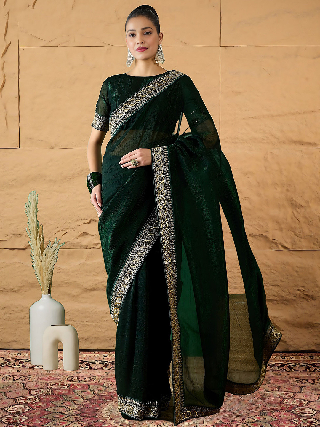 House of Pataudi Women Embellished Two Tone Saree With Matching Blouse