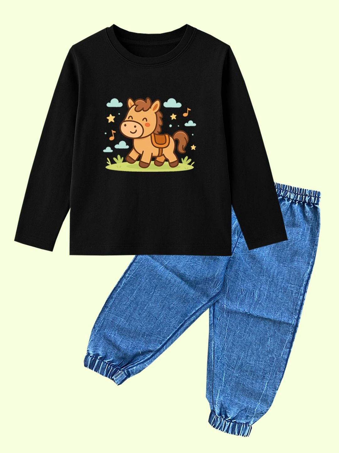 BAESD Kids Black Printed T-Shirt with Denim Jogger Cotton Clothing Set