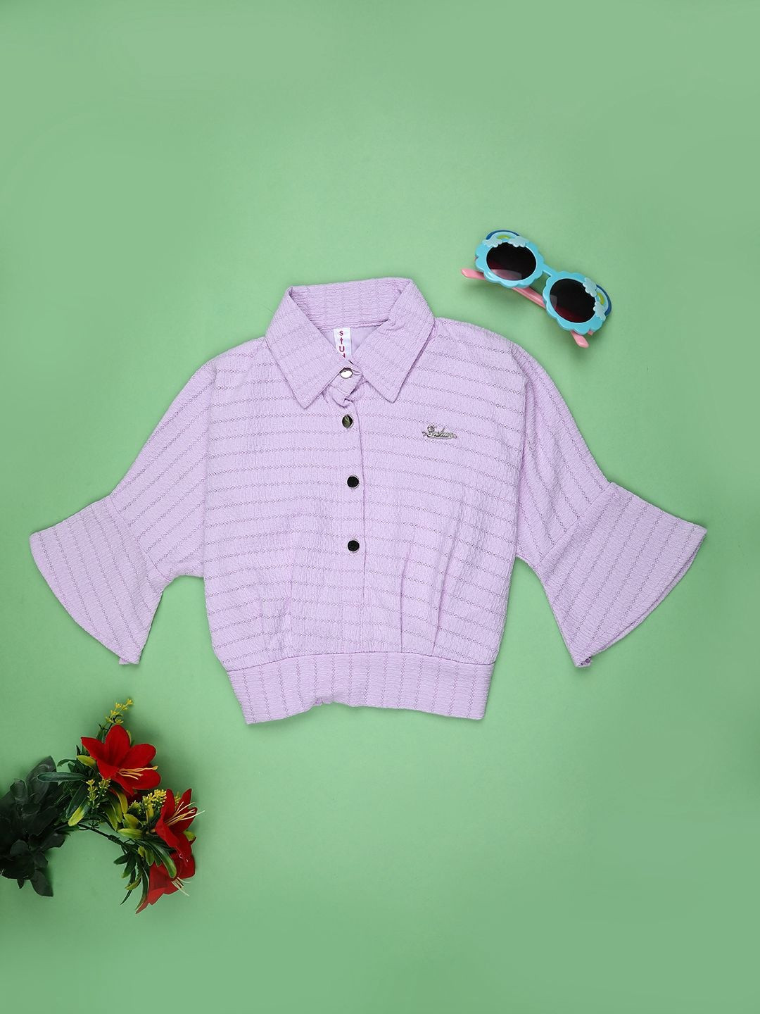 V-Mart Girls Printed Textured Shirt Collar Cotton Top