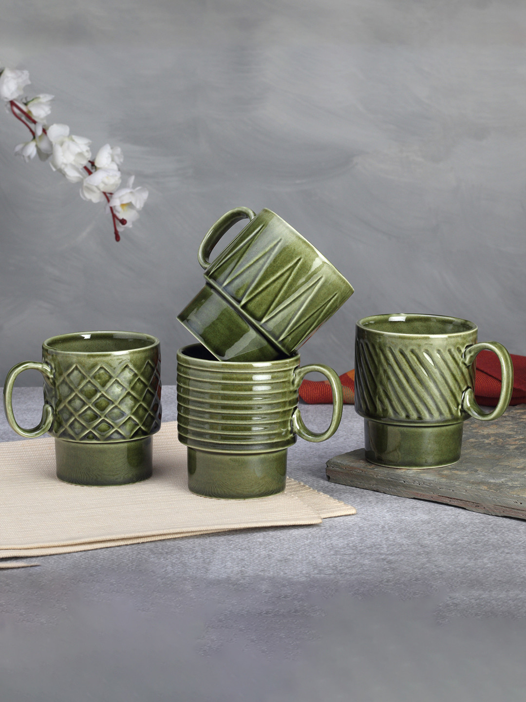 BODHI HOUSE Carving Green Striped Ceramic Microwave Safe 4 Piece Mugs-150ml