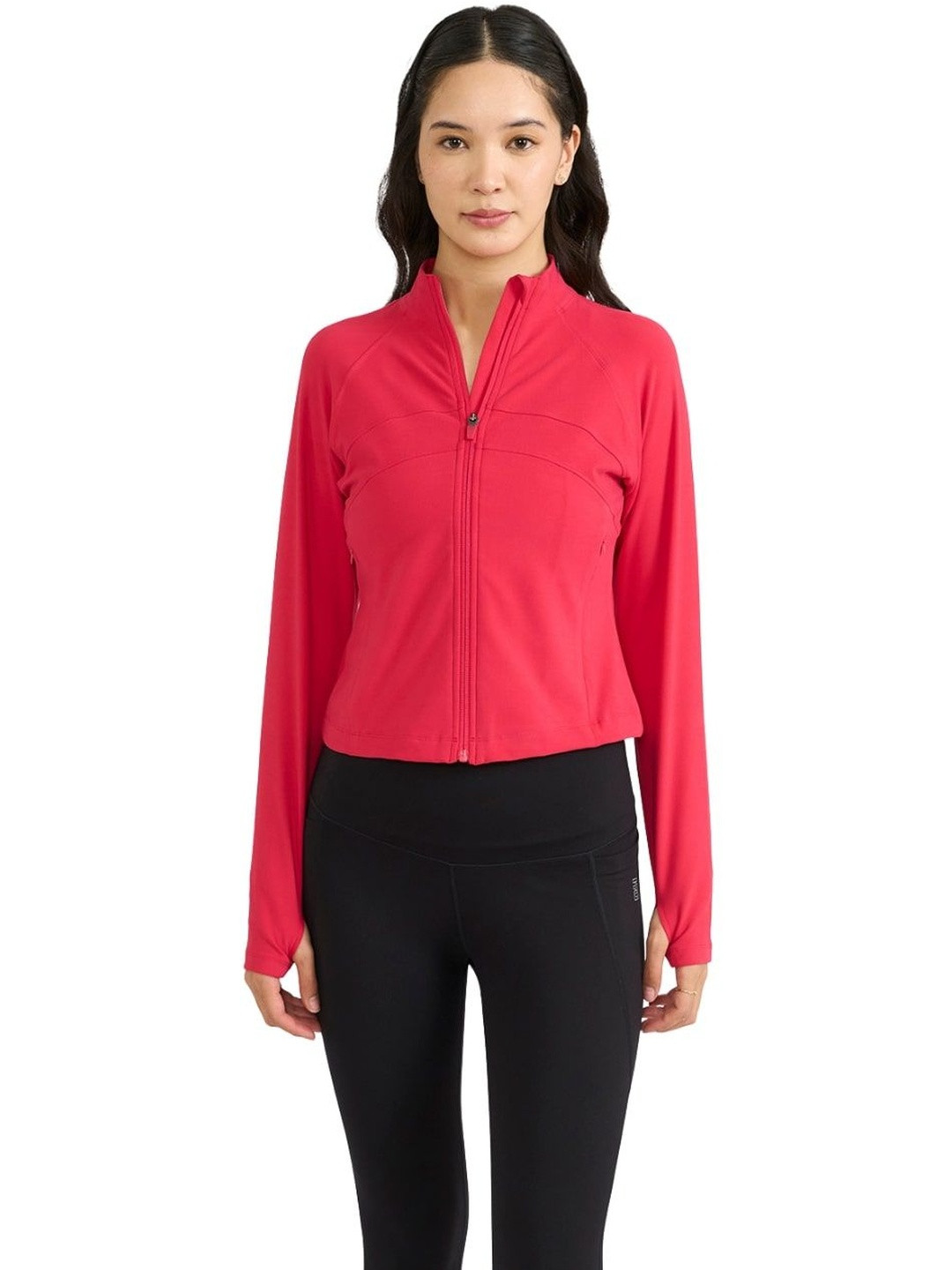 Hunnit Women Raglan Full Sleeves Front Zipper Jacket with 2 Side Pockets for Workout