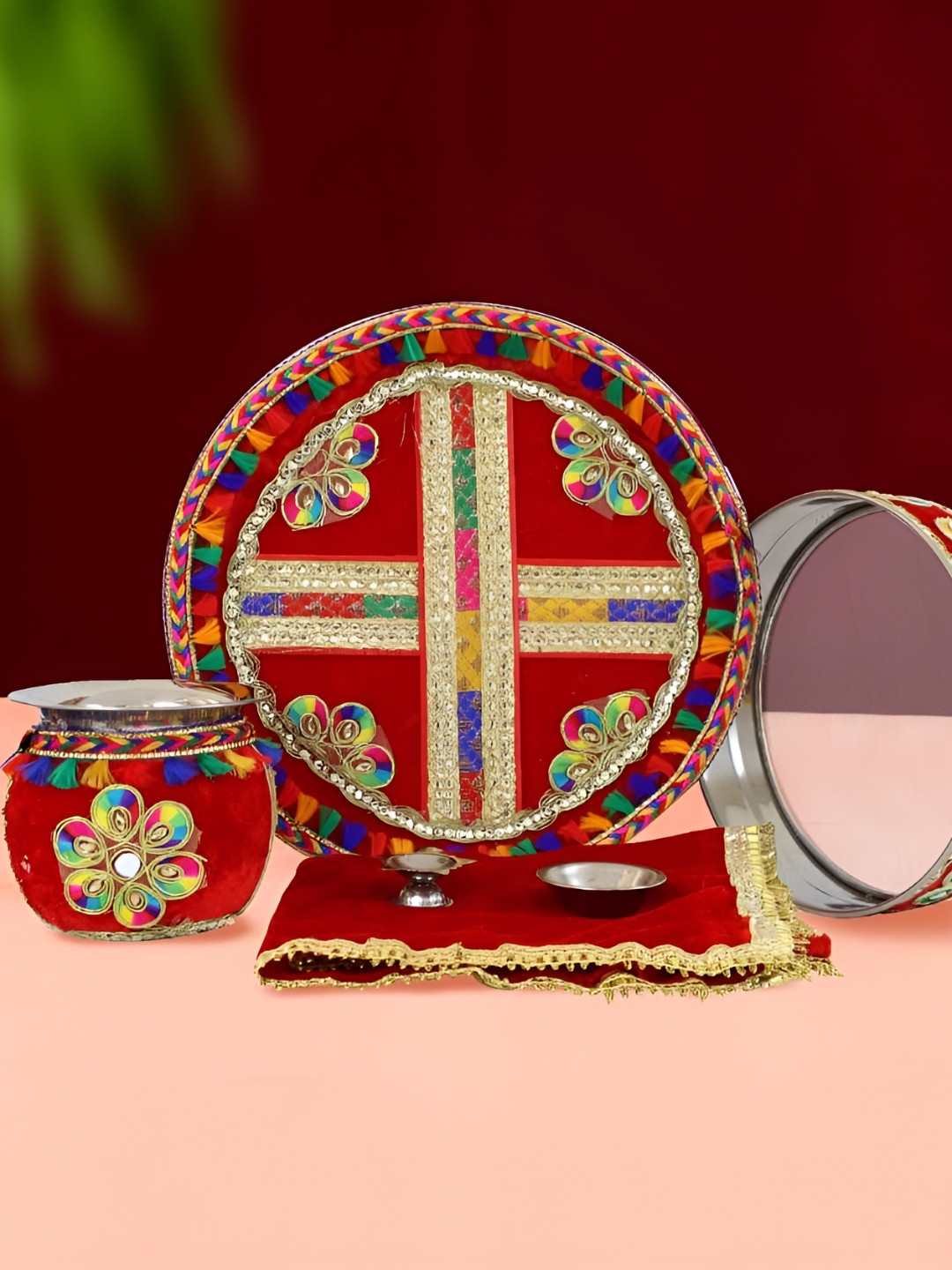 TIED RIBBONS Red & Gold Toned Karwachauth Pooja Thali With Lota, Channi, Diya & Katori