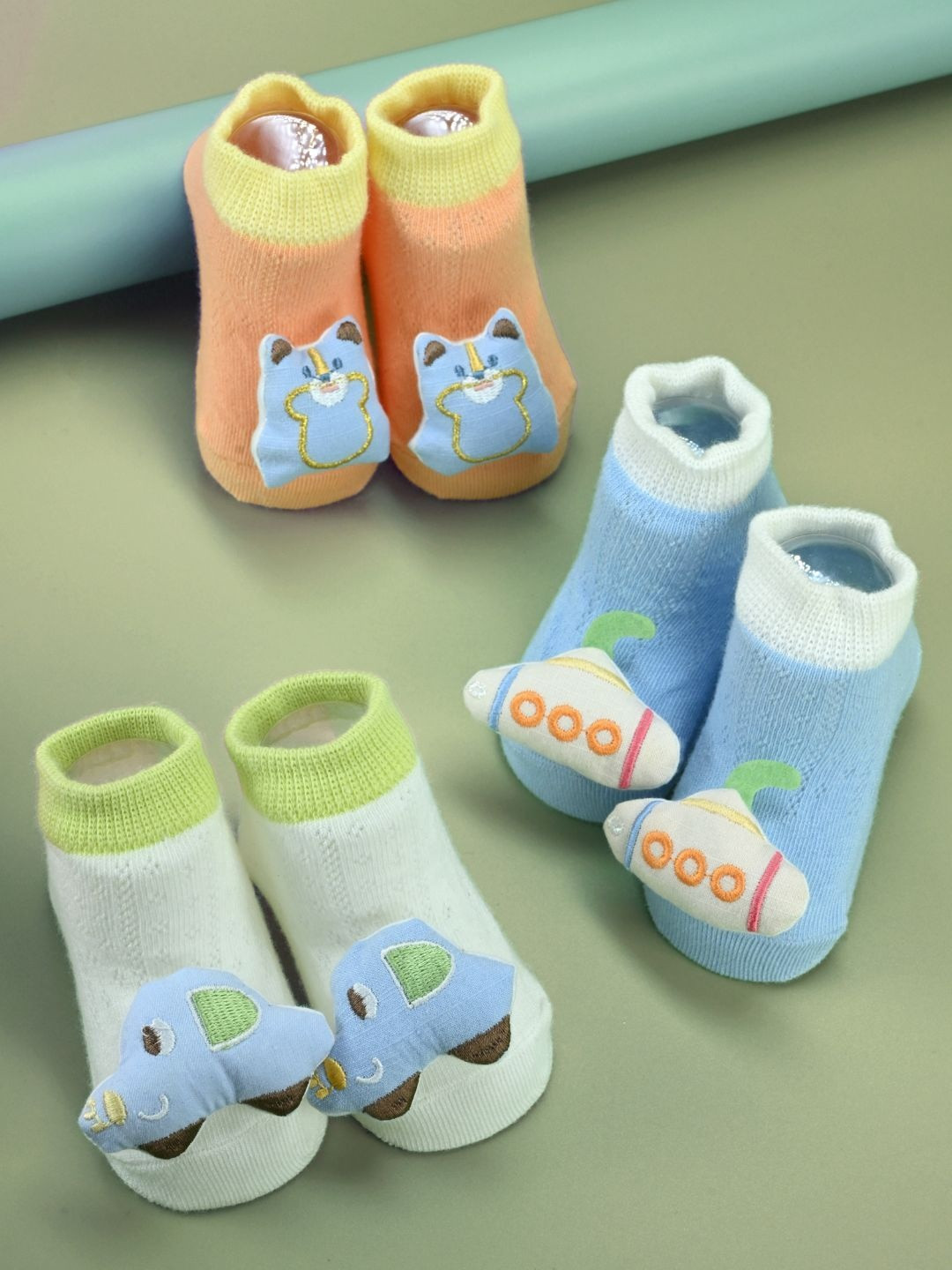 Yellow Bee Infant Boys Pack Of 3 3DBear & Submarine Character Cotton Ankle-Length Socks