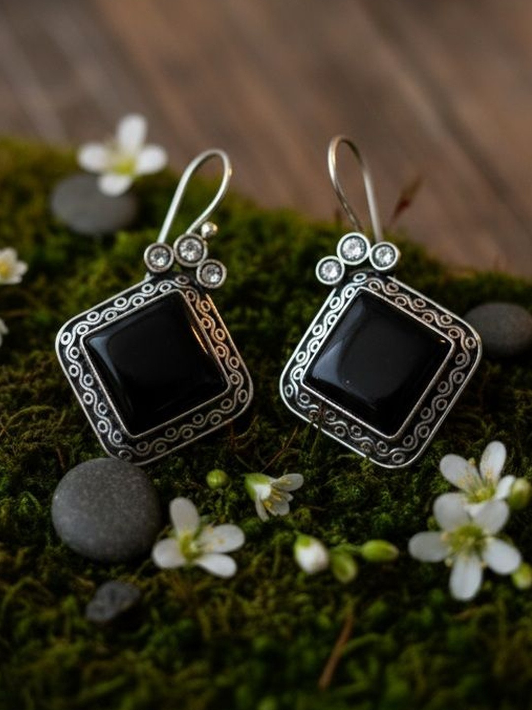 Archi Collection Silver-Plated Artificial Stones Studded Diamond Oxidised Drop Earrings