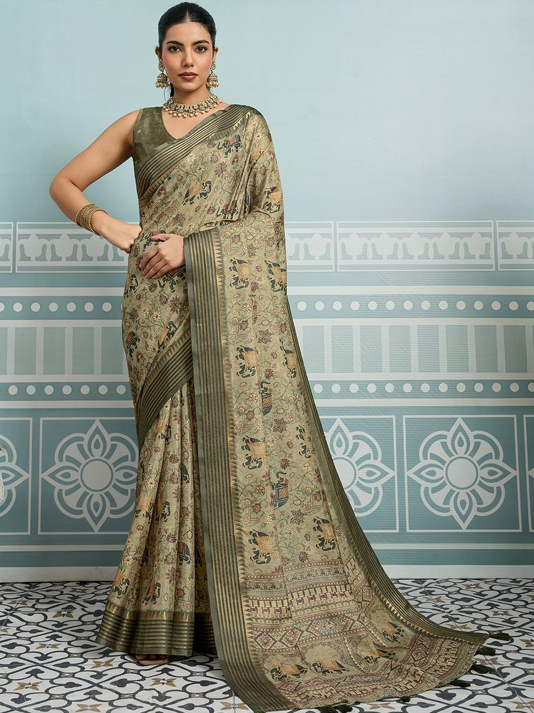 Mitera Kalamkari Printed Woven Design Border Saree With An Unstitched Blouse Piece
