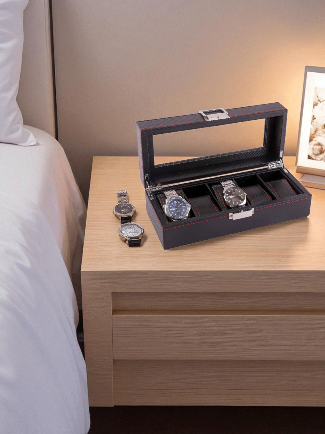 Aarvi Decor Brown Faux Leather Watch Organizer Box Case with Glass Lid