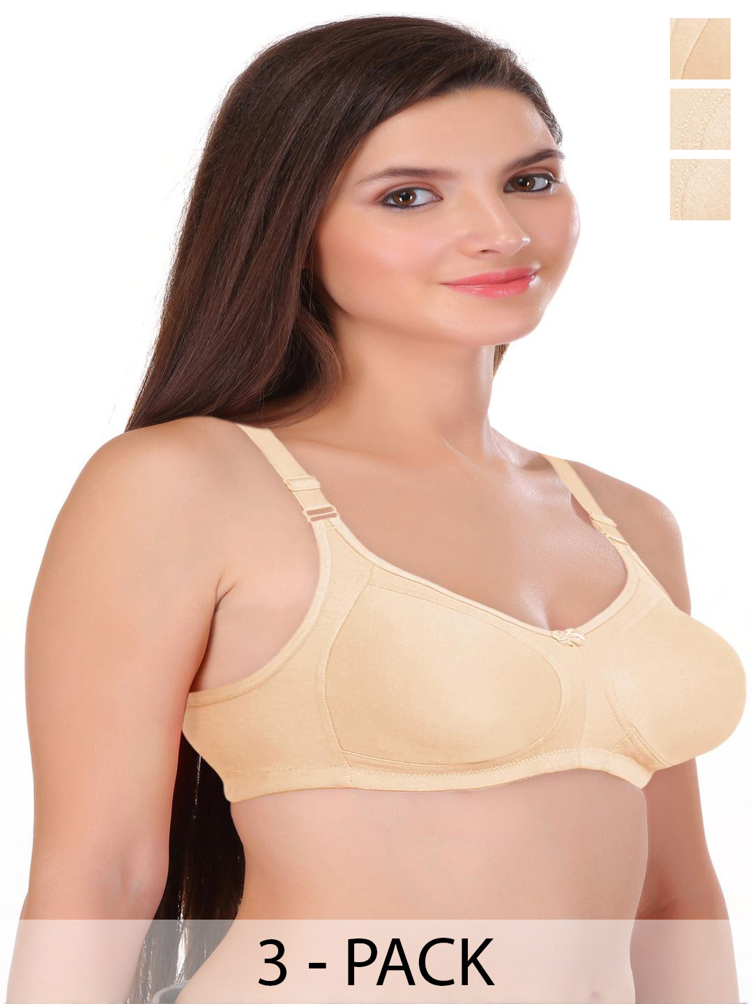 FEATHER LINE Women Pack of 3 Cream Solid Full Coverage Bra