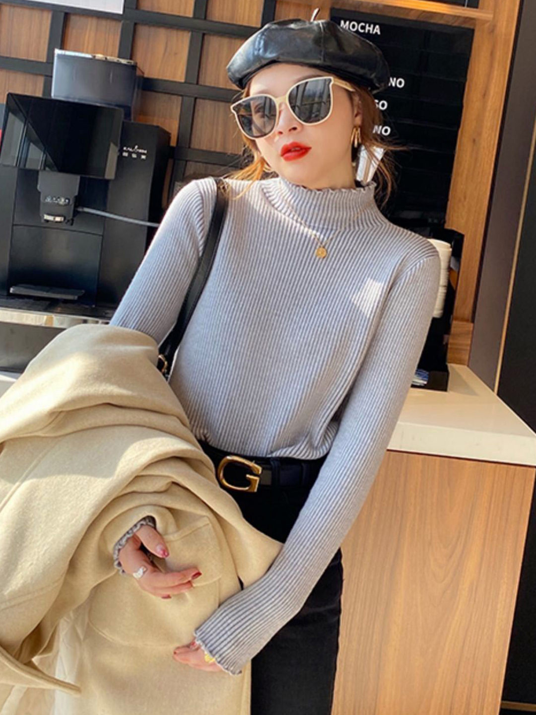 Outzidr Women Ribbed Long Sleeves Scallop Hem High Neck Fitted Pullover Sweater