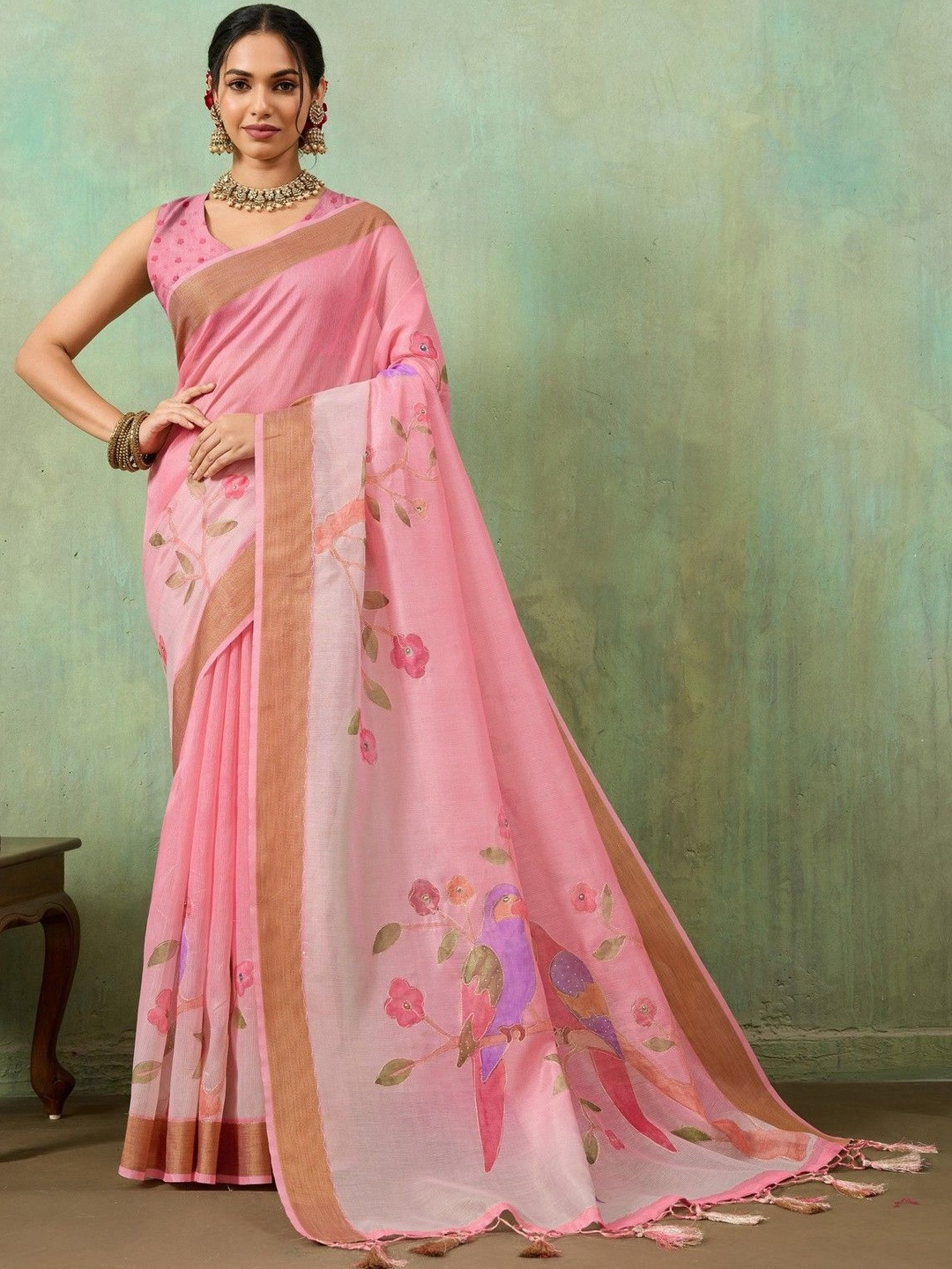 Mitera Woven Design Aari Work Saree With Blouse Piece