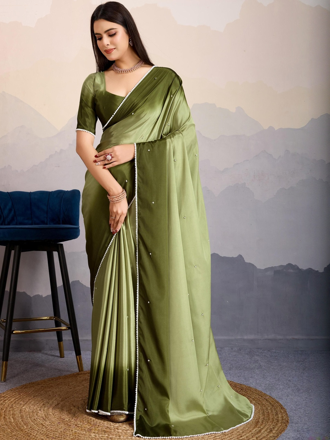 Smart Stree Beads and Stones Pure Crepe Saree With Blouse Piece