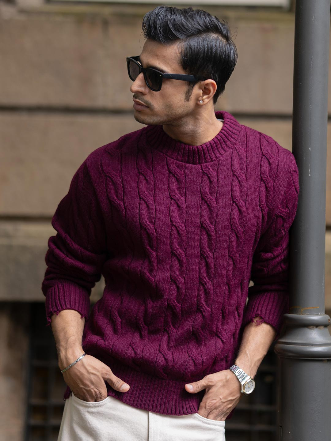 Powerlook Wine Round Neck Long Sleeves Pullover Sweater