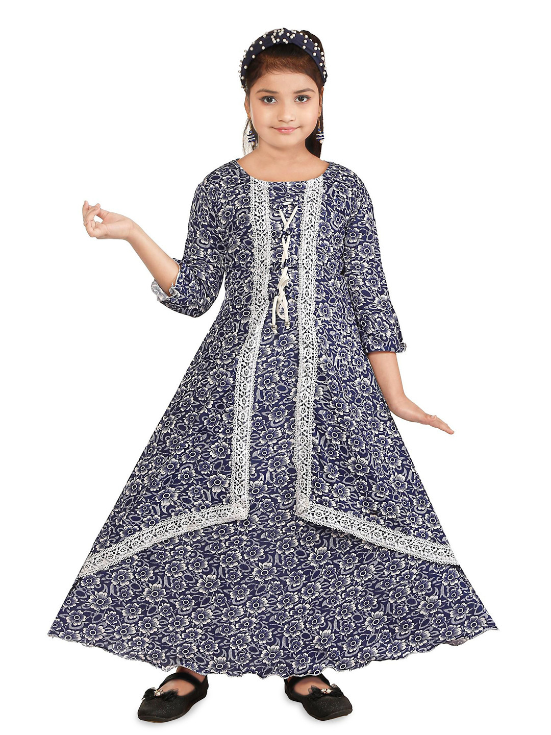Nickys Disegno Girls Floral Printed Lace Inserts A-Line Maxi Dress