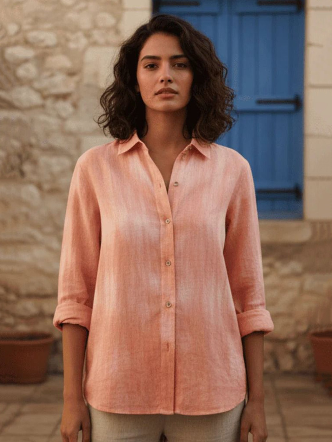 LACELY Regular Fit Textured Linen Three-Quarter Sleeves Casual Shirt