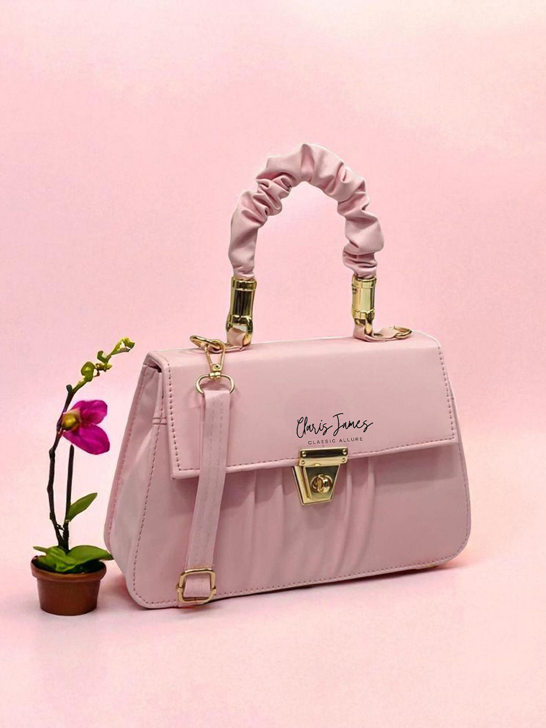 CLARIS JAMES Pink & Gold Self Design Brand Logo Sling Bag