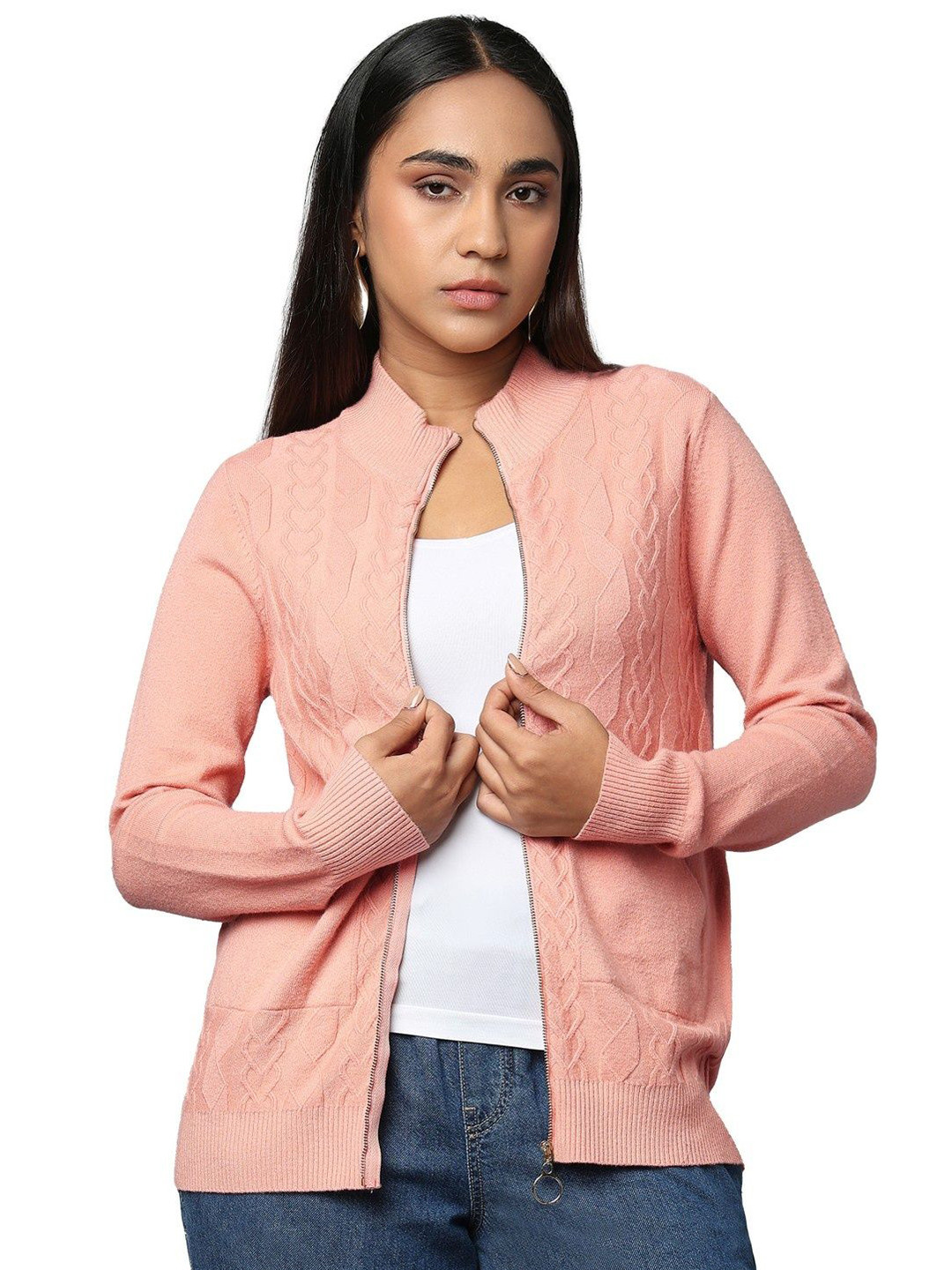 Tamiska By Narendra Kumar Women Self Design Cable Knit Cardigan Sweaters