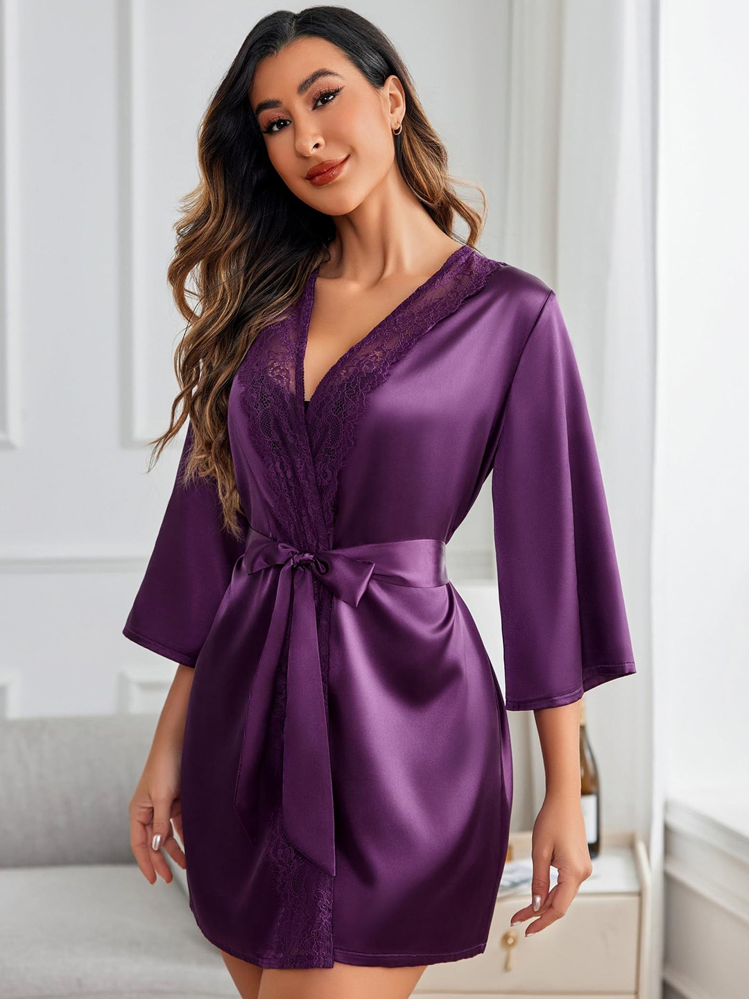 Ucollection Satin Baby Doll Robe Set