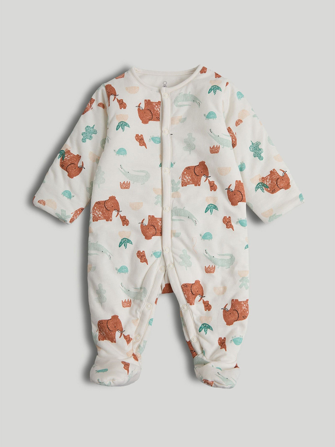 mothercare Boys Printed Round Neck Full Sleeve Cotton Sleepsuit with Snap Button Closure