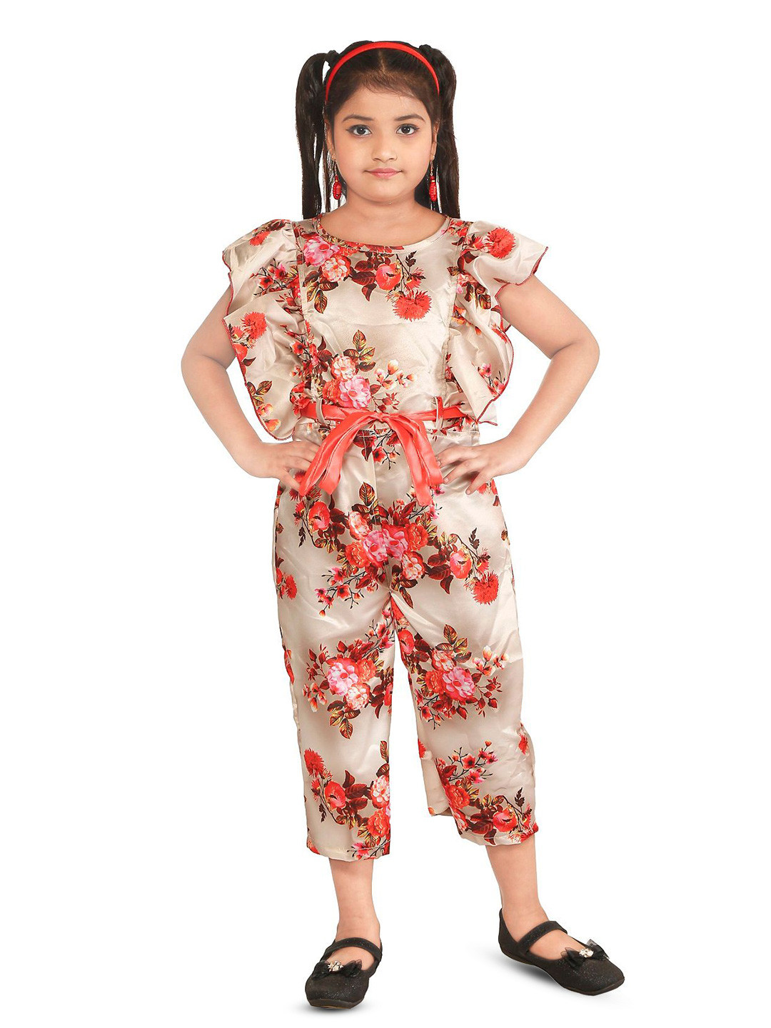 Nickys Disegno Girls Floral Printed Chiffon Basic Jumpsuit with Ruffles