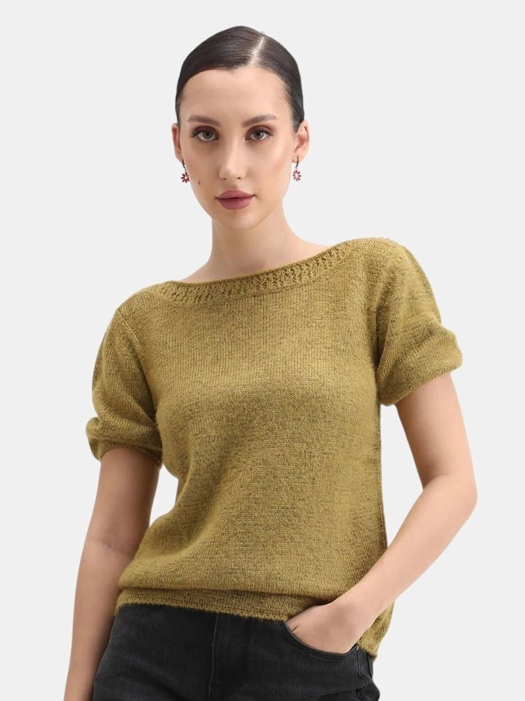 RAREISM zulaii Women Solid Boat Neck Short Sleeves Pullover Sweater