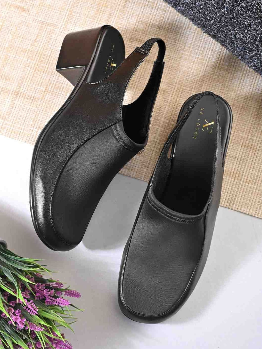 XE Looks Women Black Solid Slingback Block Heel Shoes