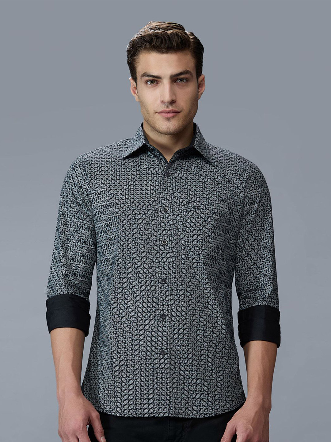 Kenneth Cole Premium Slim Fit Geometric Printed Satin Casual Shirt